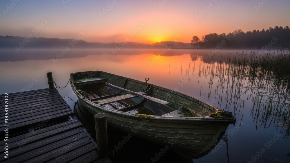 Fototapeta premium Old Wooden Rowboat Moored at a Lake Pier During Misty Sunset