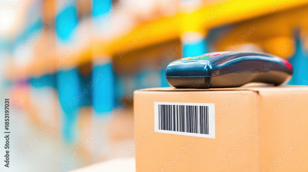 Obraz premium Scan device on cardboard box in storage area during work hours