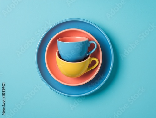 Stacked Colorful Cups on Plates