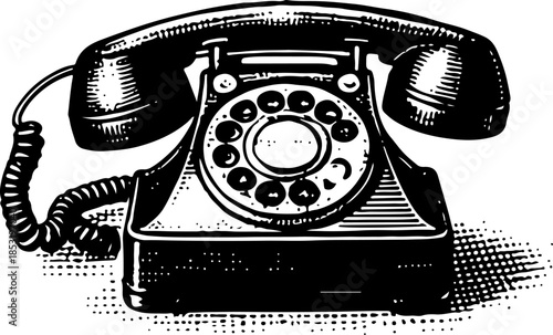 Vintage Rotary Dial Telephone Black and White Engraving Illustration