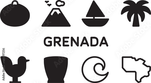 Grenada national symbols and tourist icons collection with boat volcano and tropical elements