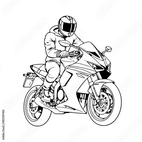Technical line drawing of a motorcyclist with a determined facial expression, wearing a fitted black hoodie and a sleek full-face helmet with a tinted visor, seated on a aerodynamic sport motorcycle w
