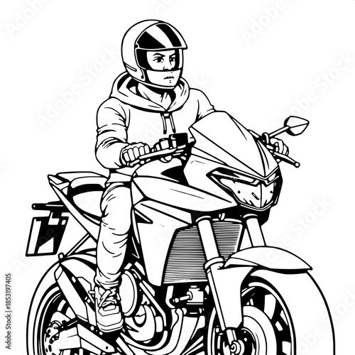 Technical line drawing of a motorcyclist with a determined facial expression, wearing a fitted black hoodie and a sleek full-face helmet with a tinted visor, seated on a aerodynamic sport motorcycle w