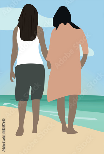 Gay couple beach walk. vector illustration