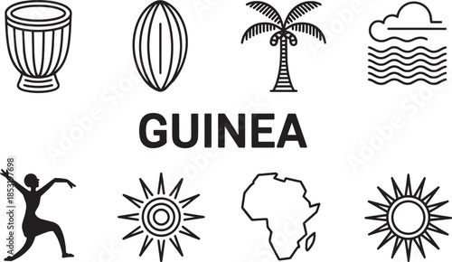 Guinea cultural and heritage icons featuring drum cocoa palm tree sun Africa map