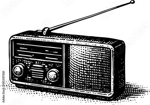 Vintage Portable Radio Black White Engraving Style Illustration