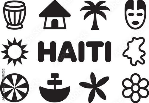 Haiti cultural and heritage icons with drum hut palm mask sun map flower