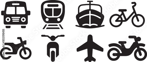 Black Transportation Silhouette Icon Set with Bus, Train, Boat, Bicycle, Motorcycle, Scooter, Airplane, and Travel Symbols