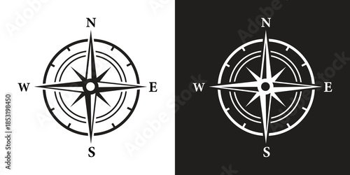 Eight Vintage-Style Compass Rose Illustrations: Octagonal, Circular, and Starburst Designs in Black Ink