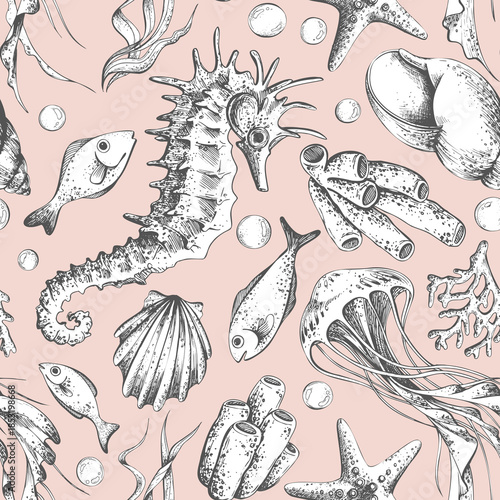 Seamless pattern with hand drawn marine animal and plant. Undersea kingdom with starfish, jellyfish, seahorse, coral and seaweed. For textile. Outline graphic illustration on a coral background