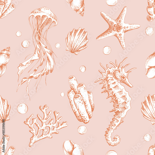 Seamless pattern with hand drawn marine animal and shell. Underwater world. Linear drawing of jellyfish, seahorse, starfish, coral for fabric, wallpaper, card. Graphic illustration in a coral colors