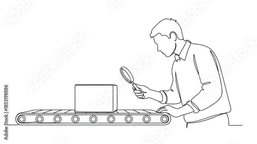 A man inspecting a small box on a conveyor belt with a magnifying glass