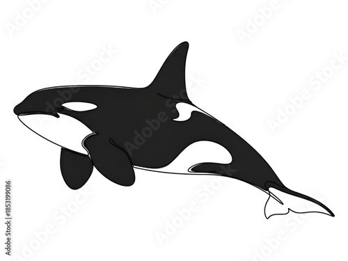 Black and White Orca Swimming Isolated on White Background