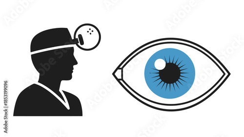 Silhouette of a head with a headlamp and a detailed blue human eye illustration
