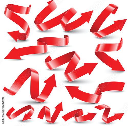 Collection of red ribbon arrows in various shapes vector
