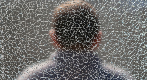 Abstract view of a person through shattered glass creating a mosaic pattern.
