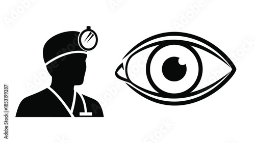 Black silhouette of a miner with headlamp alongside a large detailed human eye