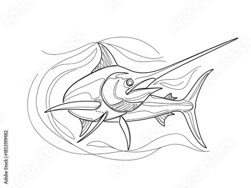 Sailfish Swimming in Ocean Waves Line Art Illustration
