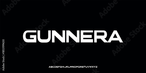 Vector illustration of a modern and bold style alphabet letter display with geometric letter shapes, wide proportions, and clean and precise angles.