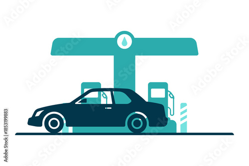 Car at a gas station. Colored silhouette. Front and side view. Vector simple flat graphic illustration. Isolated object on a white background.