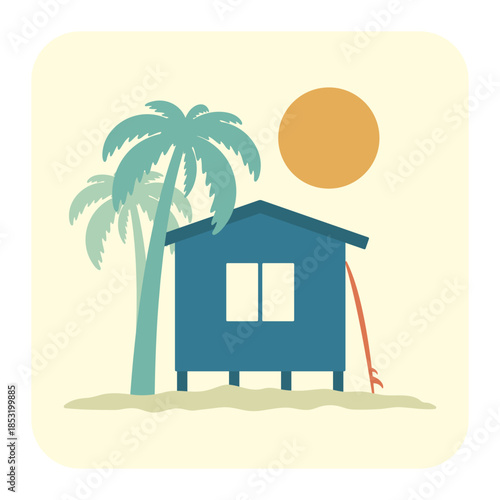 House, surfboard, and palm trees. Colored silhouette. Front and side view. Vector simple flat graphic illustration. Isolated object on a white background.