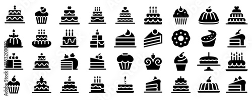 Collection of various black solid icons representing different types of birthday cakes, cupcakes, and desserts for food packaging or menu design.