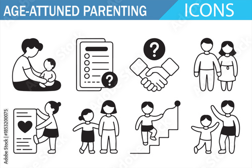 Age Attuned Parenting Outline Icons Set, Child Development and Family Care Line Style Illustration with Parent Child Activities, Education, Growth and Nurturing Symbols