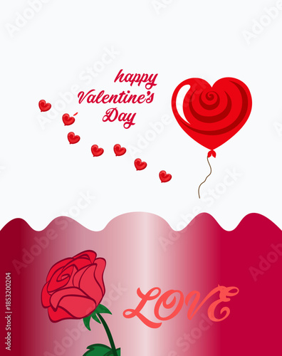 Valentine day greeting card with red heart balloon rose flower and love typography over white background for romantic celebration of anniversary wedding engagement or special event