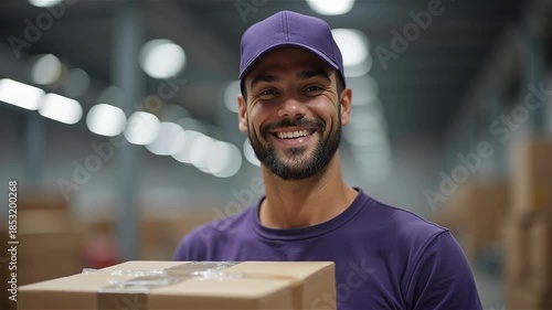 Smiling delivery worker holding package in modern warehouse, wearing purple uniform and cap, bright lighting, cheerful mood 
