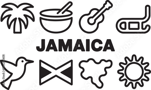 Jamaica vector icon set with country map, palm tree, guitar, and cultural symbols