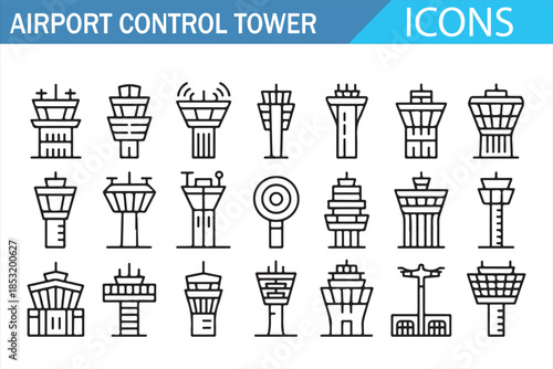 Airport Control Tower Outline Icons Set, Aviation and Air Traffic Control Line Style Illustration with Radar, Terminal Towers and Airport Infrastructure Symbols