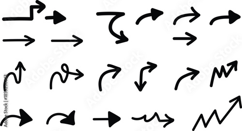 A collection of 16 unique hand drawn black arrows on a white background