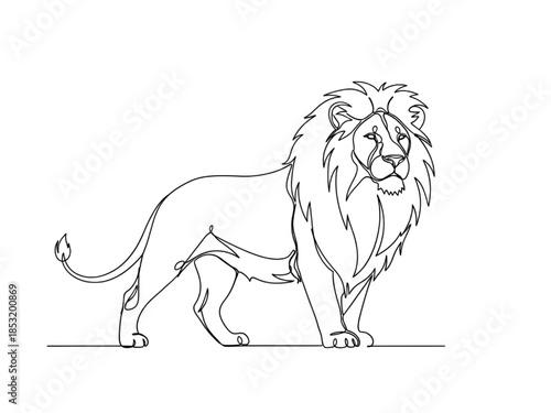 Lion Standing Proudly Isolated on White Background Line Art
