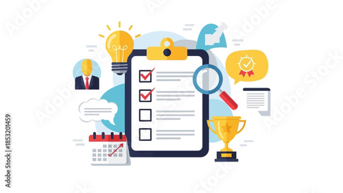 Business Checklist with Magnifying Glass and Trophies.