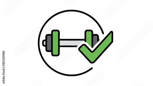 Fitness Dumbbell Icon with Check Mark Symbol.