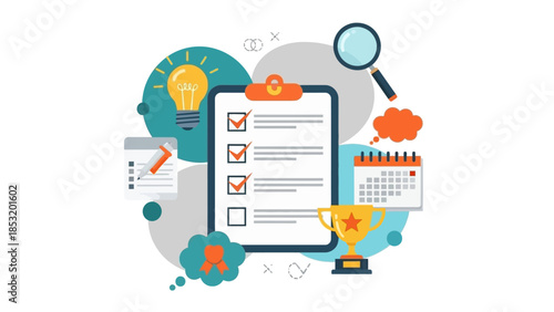Task management and project planning with checklist and business icons.
