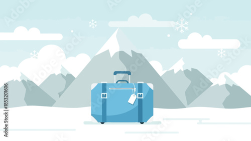 Blue suitcase with tag in snowy landscape.