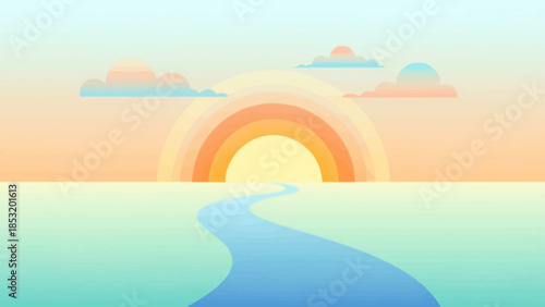 Serene Sunrise Over Winding River Path.