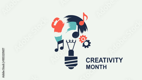 Creativity Month concept with lightbulb and various artistic elements.
