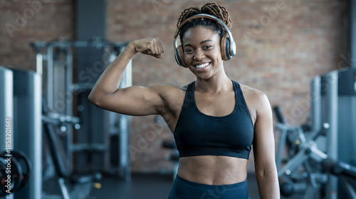 Strong black woman flexing biceps wearing headphones in gym