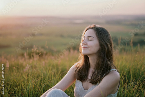 Woman meditating in tranquil meadow at sunset for wellness