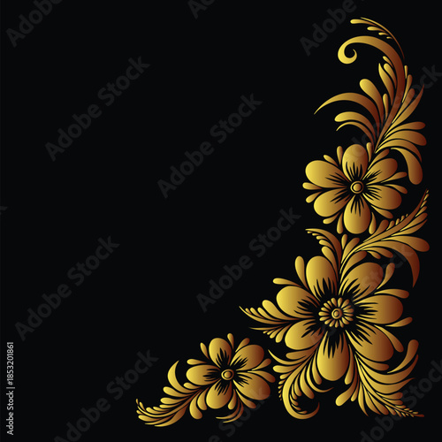 Golden floral corner design on black background ornament