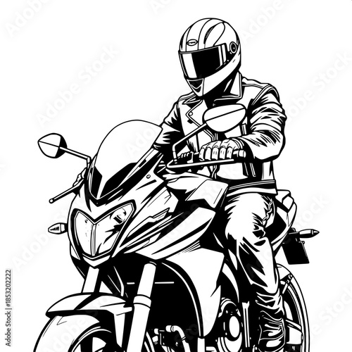 Black and white outline drawing of a helmeted rider wearing a sleek black leather jacket with a silver buckle, sitting on a sport bike with aerodynamic fairings, hands grasping handlebars, centered co