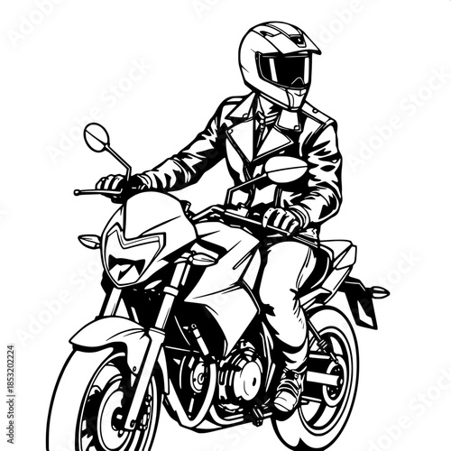 Black and white outline drawing of a helmeted rider wearing a sleek black leather jacket with a silver buckle, sitting on a sport bike with aerodynamic fairings, hands grasping handlebars, centered co
