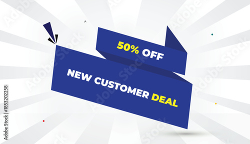 fifty percent off new customer deal editable eps format web banner vector art illustration template design blue shapes yellow bold font white gray gradient abstract sun shine business background high 