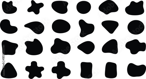 Collection of minimalist black shapes including circles ovals teardrops and abstract geometric forms arranged in grid for modern design elements pattern illustration