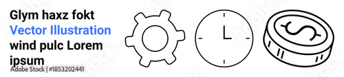 Productivity, time management, finance, business workflow, economic icons, organizational tools. Gear cog, clock face money coin with dollar sign. Productivity and time management concepts