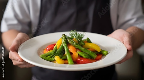 Wallpaper Mural A chef presents a colorful plate of fresh lightly cooked mixed vegetables including asparagus and bell peppers garnished with dill Torontodigital.ca