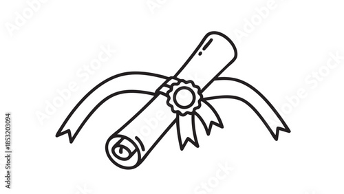 Black and white line of a rolled diploma with a ribbon and seal Keywords: diploma, graduation