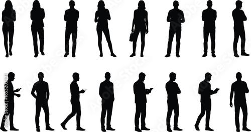 Collection of black silhouettes showing women standing in various professional and casual poses for business design reference human figure body language illustration